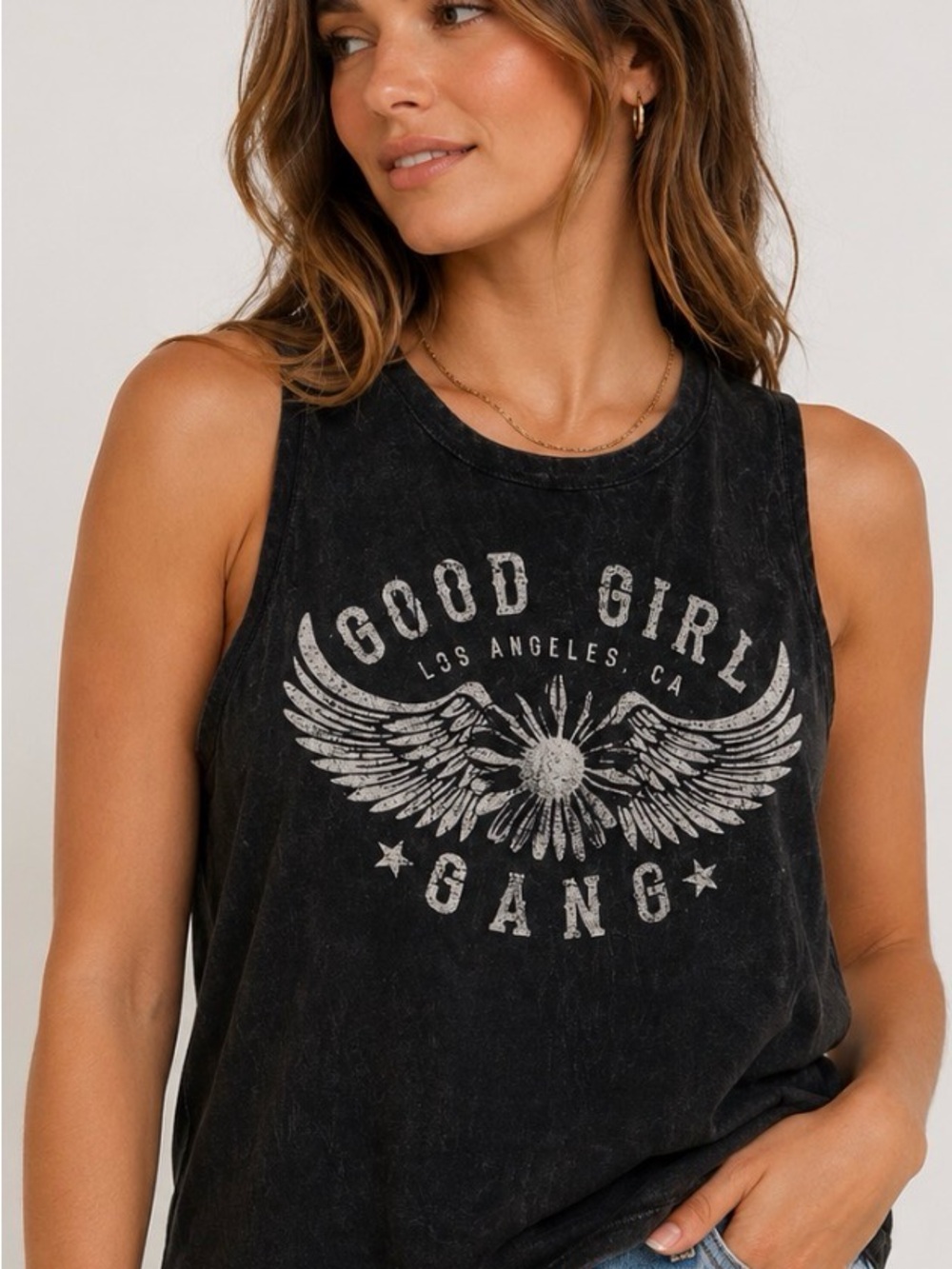 Black Moon Good Girl Gang Graphic Muscle Tank Top Black Acid Wash Made in US